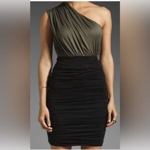 Alice Olivia Air Womens Ruched One Shoulder Body Con Dress Green Black S